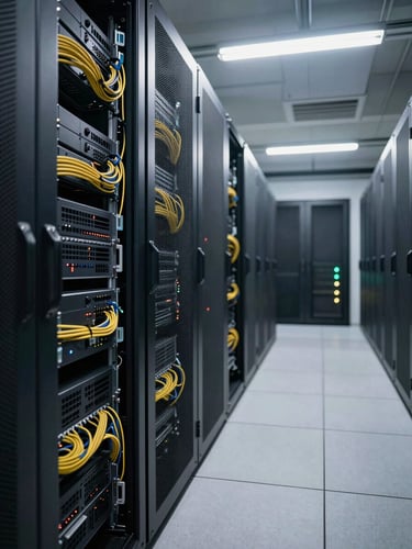 Wide environmental shot of a server room corridor, overhead fluorescent lighting casting clean shadows on rack-mounted hardware, cables organized in dense bundles, a narrow aisle receding into the background with indicator lights glowing softly