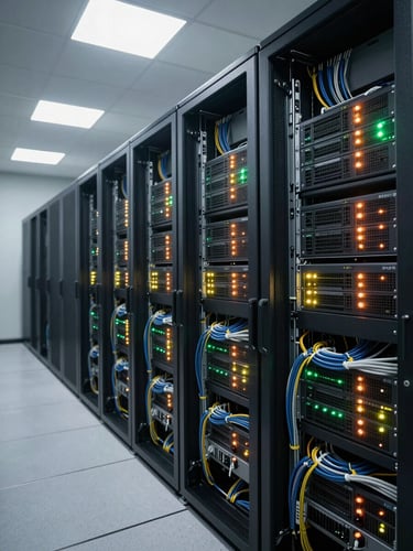 Wide-angle view of a server infrastructure room, overhead fluorescent lighting casting even illumination across rows of rack-mounted hardware, status LEDs glowing amber and green, cables organized in neat bundles — documentary framing, no people, emphasis on operational scale