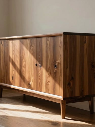 A tall, portrait-oriented shot of a finished custom elm credenza styled in a sunlit modern room, warm low-angle side light highlighting the deep natural grain.