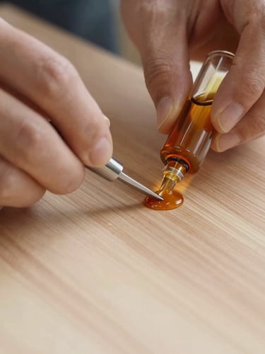 Close-up of craftsman hands applying natural amber-toned oils to raw quarter-sawn elm grain, soft side-lighting emphasizing the texture.