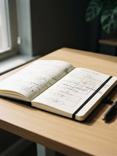 Minimalist editorial photography of a clean physical workspace, a black notebook with a handwritten operational diagram on a warm cream desk, sharp side-lit window daylight, high contrast shadows, shallow depth of field, 35mm
