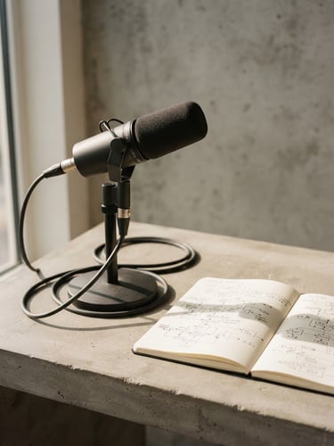 A high-end dynamic microphone on a heavy metal desktop stand, warm side-lit window daylight casting sharp shadows on a physical notebook with handwritten operational diagrams, minimalist concrete background.