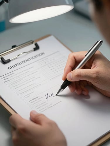 Close-up of hands completing an occupational health certification form on a clipboard under overhead clinic lighting, pen tip on signature line, compliance checklist visible in background, no faces, precise and documentary framing