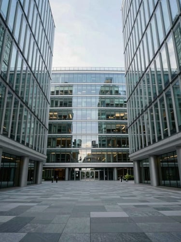 Wide environmental shot of a modern glass-walled corporate office in London, bright cool natural daylight, sharp architectural lines, expansive negative space.