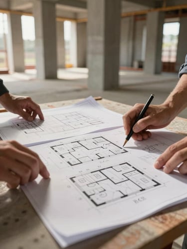 Medium shot of a structural engineer reviewing printed MEP floor plans spread across a construction site table, tungsten work lighting casting warm clarity on the technical drawings, concrete columns visible in the background mid-construction, no people's faces, focus on the documents and hands