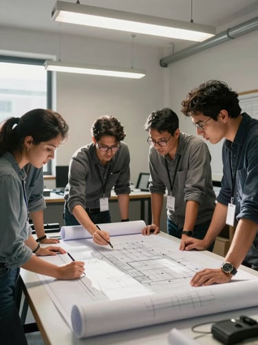 Medium shot of a focused architecture team gathered around a wide technical drafting table in a Lima studio, overhead fluorescent and tungsten desk lamps illuminating structural calculation sheets and rolled blueprints, one engineer marking dimensions with a pencil, natural daylight entering from a side window casting clean shadows across the paper