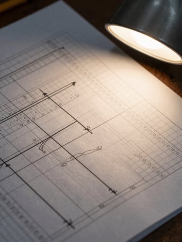 Extreme closeup of a structural calculation sheet covered in hand-annotated load diagrams and column schedules, pencil markings overlapping printed grid, tungsten desk lamp casting warm directional light across the paper surface