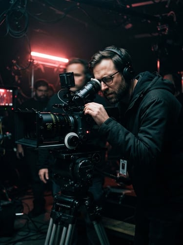 Cinematic film photography, high contrast dramatic lighting, deep shadows, director behind an anamorphic camera on a dark set, neon red backlight, 35mm grain