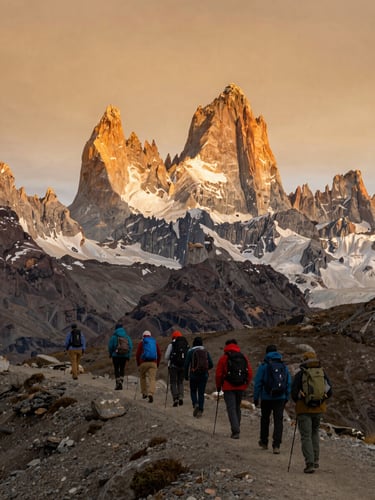 Wide panoramic shot from ground level, a tight group of six travelers mid-hike on a Patagonian ridge at golden hour, figures small against vast granite spires and amber sky, shot from behind as they walk together — candid, never posed