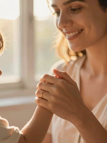 Close-up of a Venezuelan mother smiling gently while holding her child's hand, warm golden-hour sunlight coming through a window, soft focus, 35mm editorial style