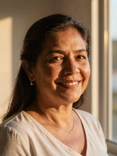 Close-up portrait of a Venezuelan mother smiling softly, warm golden-hour window light, shallow depth of field, 35mm editorial photography