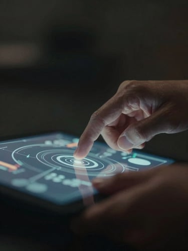 Close-up of hands manipulating a holographic interface, futuristic yet tactile, low-key lighting, desaturated tones, cinematic film photography.