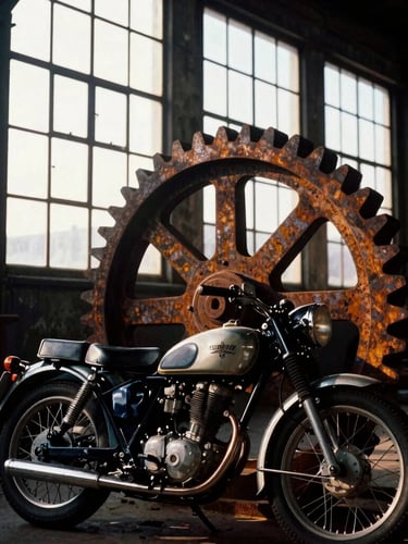 Dramatic close-up of a vintage 1950s motorcycle parked beside a massive rusted iron milling gear, warm morning sun streaming through tall industrial windows, high contrast, 35mm film look.