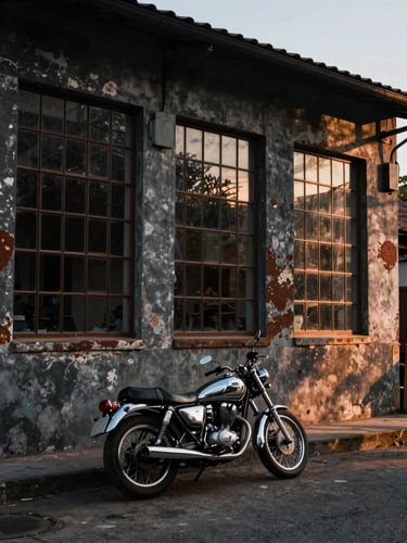 Vista arquitectónica en perspectiva de la antigua harinera rehabilitada, luz solar de tarde filtrándose por ventanales industriales, una motocicleta clásica de cromo pulido estacionada sobre el suelo de hormigón original.