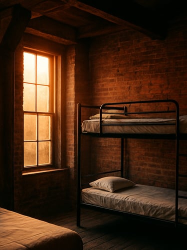Interior of a rustic hostel room with exposed brick walls, original heavy timber columns, warm golden hour light streaming through a tall window.