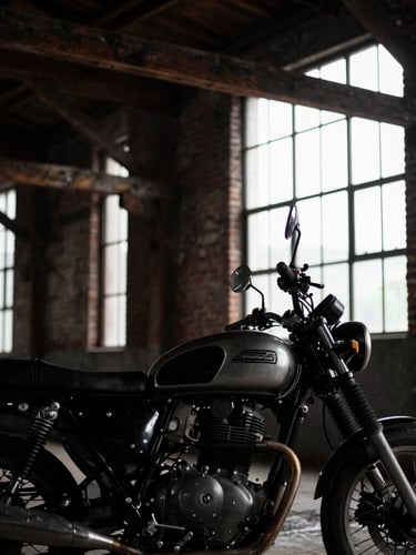 Close-up of a classic motorcycle parked inside a rehabilitated mill with original wooden beams, dramatic low-key window light, high contrast.