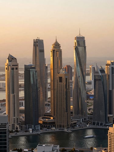 Wide-angle elevated view of Dubai Marina at golden hour, glass tower facades catching warm light, the marina canal visible in the lower third, shot from a high vantage point with the city grid receding into haze