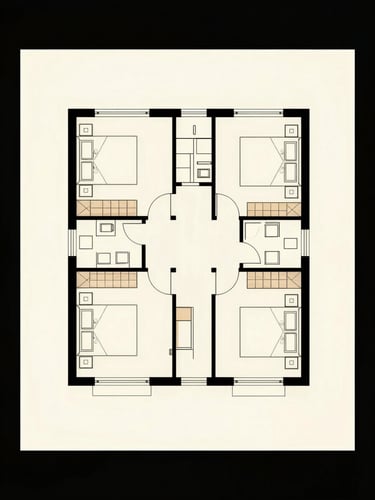 Straight-on architectural floor plan layout printed on cream stock, clean line-weight drafting showing three bedrooms, open-plan living, two bathrooms and a service entrance, minimal shadows, studio lighting, no text overlays