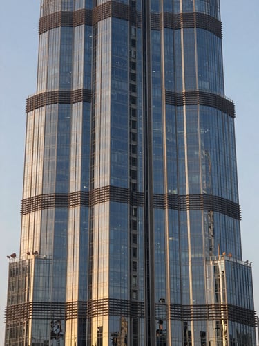 Straight-on architectural detail of a Dubai tower facade, floor-to-ceiling glass panels reflecting the late-afternoon sky, precise geometric lines, no people