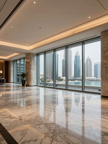 Wide-angle interior of a Dubai penthouse entry hall, polished marble floor reflecting ambient ceiling light, floor-to-ceiling window revealing Marina towers beyond, no people, architectural and precise