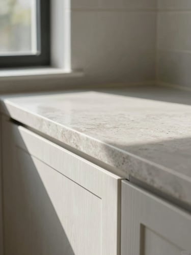 Close-up of a kitchen countertop edge in honed stone, natural midday light falling across the surface from a window at frame-left, the cabinet face below in white oak just visible, tight crop showing the precision of the join between counter and backsplash tile
