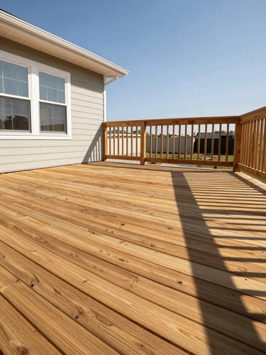 Wide environmental shot of a completed hardwood deck in full afternoon sun, attached to a residential home, empty of people — warm amber board grain visible across the full surface, railing posts casting long shadows, blue sky above
