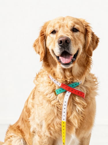 Bright high-key pet photography of a happy Golden Retriever sitting patiently while a colorful soft measuring tape gently wraps around its chest, warm natural daylight, vibrant colors