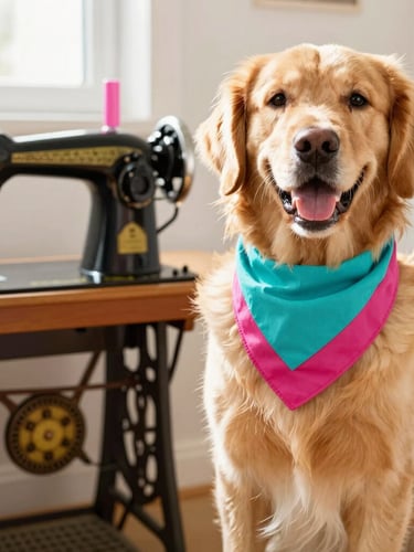 Bright high-key pet photography, warm natural daylight, vibrant saturated colors, shallow depth of field, 35mm. A joyful golden retriever wearing a vibrant teal and magenta handmade bandana, sitting next to a classic sewing machine in a sunlit room.