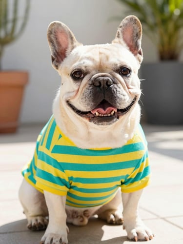 A happy French Bulldog wearing a vibrant teal and yellow striped shirt, sitting proudly on a sunny patio, eye-level shot, warm daylight.
