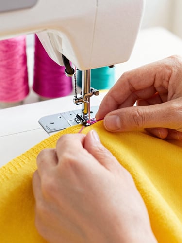 Bright high-key photography, warm natural daylight, vibrant saturated colors, 35mm. Close-up of hands carefully guiding bright yellow fabric through a sewing machine, colorful magenta threads in the background, sharp focus on the artisanal stitching.