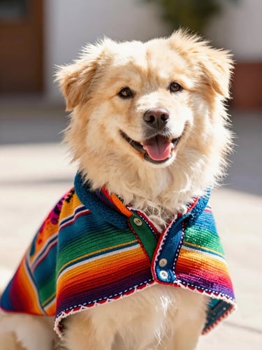 Bright high-key pet photography of a happy fluffy dog wearing a colorful hand-stitched Mexican poncho, looking directly at the camera, warm natural daylight, vibrant saturated colors, shallow depth of field, 35mm