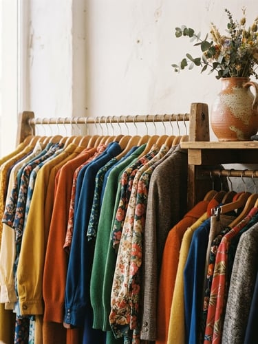 A close-up of a neatly arranged rack of vintage colorful clothing and a rustic ceramic vase on a wooden shelf nearby, bright natural daylight streaming in, warm realistic tones
