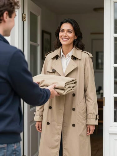 A person hands a neatly folded trench coat to a smiling neighbor at an open apartment doorway, bright natural daylight, candid eye-level framing
