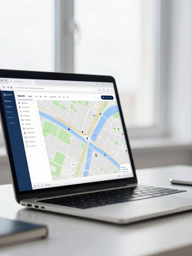 A clean modern workspace with a laptop displaying a local search map, bright natural window light, soft corporate navy tones, shallow depth of field