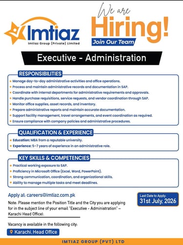 Imtiaz Super Market Jobs 2026 Karachi Head Office hiring poster