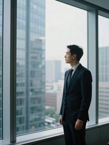 Professional lawyer in a modern, minimalist corporate office, looking thoughtfully out a large window at a city skyline, cool tones, natural light, non-staged, 35mm