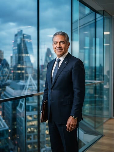 Retrato corporativo de un abogado sénior, de pie en un entorno moderno de oficina con luz natural y arquitectura de vidrio, con un enfoque nítido en el profesional y un fondo suavemente desenfocado de la ciudad, tonos fríos.