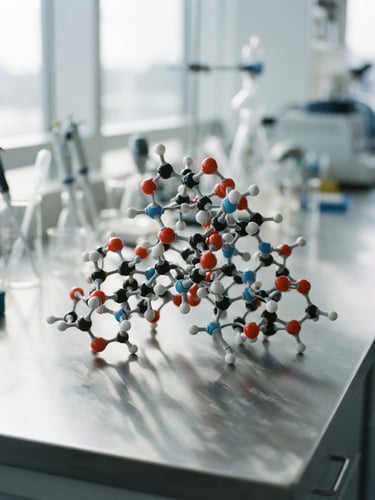 A close-up of a molecular model on a clean steel laboratory desk, soft natural daylight casting sharp clinical shadows, 35mm photography