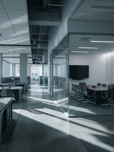 Wide shot of a modern corporate office interior, sharp diagonal lines of light and shadow, a glass-walled conference room in the right third, empty and pristine, cool morning light, desaturated slate and blue tones, architectural framing, 35mm.