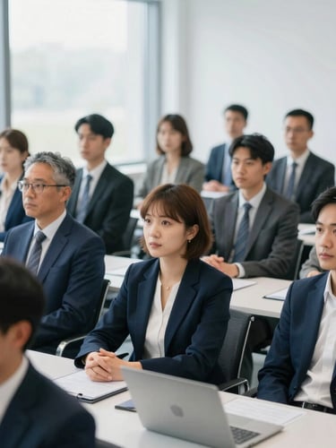 Medium-close shot of a diverse group of professionals actively participating in a high-level seminar, seated at a modern conference table, bright natural daylight streaming through large windows, deep blue and clean white tones, sharp focus, editorial 35mm.