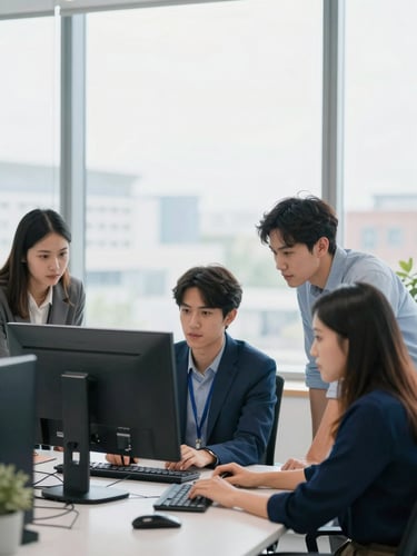 Bright modern office photography, soft overcast daylight, team members collaborating around a large monitor, sharp focus, 35mm lens