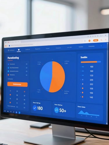 Close-up of a digital marketing performance dashboard on a sleek monitor in a bright Seattle office, soft natural light, sharp focus