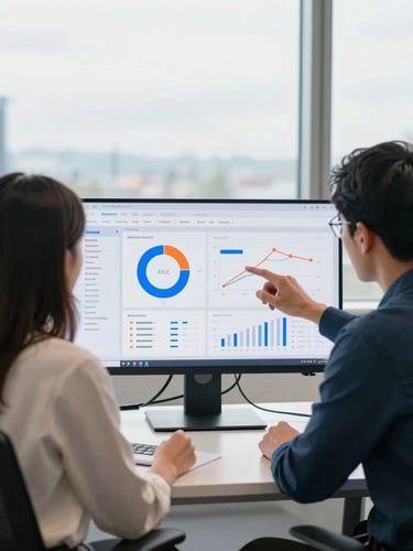 Medium shot of two marketing strategists analyzing a performance dashboard on a screen in a bright Seattle office, soft overcast daylight, modern workspace, 35mm lens.