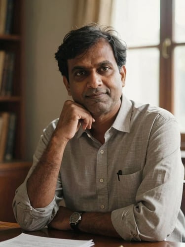 Warm editorial 35mm portrait of an Indian professor in a thoughtful pose, sitting in a home office filled with books, soft natural window light, rich academic tones, shallow depth of field