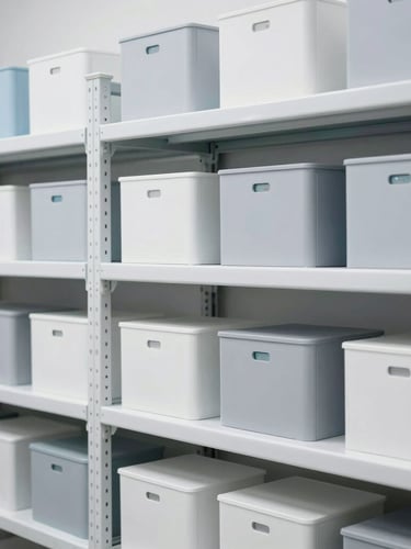 Clean warehouse shelves with organized temperature-controlled shipping containers, sterile blue and gray accents, bright neutral lighting, sharp focus.