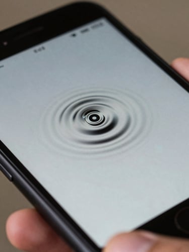 Extreme macro of an Android phone screen showing a micro-interaction ripple animation on a button tap, natural daylight, finger partially visible at bottom edge of frame