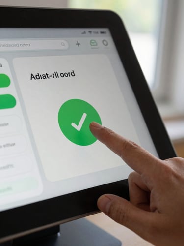 Extreme close-up of an Android point-of-sale app screen mid-transaction, a thumb hovering over a large tap target, natural window daylight, sharp UI detail visible