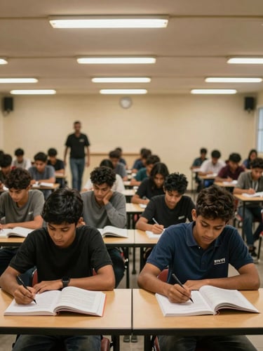 SISYA hostel study hall during evening study hours, rows of students at individual desks with textbooks and notebooks open, overhead fluorescent and warm lamp light, a mentor walking the aisle in the background, disciplined quiet atmosphere, no one looking at camera