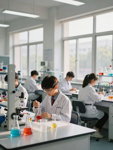 Wide shot of a SISYA science laboratory in active use, students in school uniforms conducting chemistry experiments at benches under natural window light, glassware and reagents visible on countertops, afternoon daylight streaming through tall windows, medium depth of field capturing focused student activity