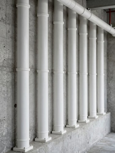Clean conduit runs perfectly aligned along a concrete industrial wall, showcasing square, precise craftsmanship under clear white work light.